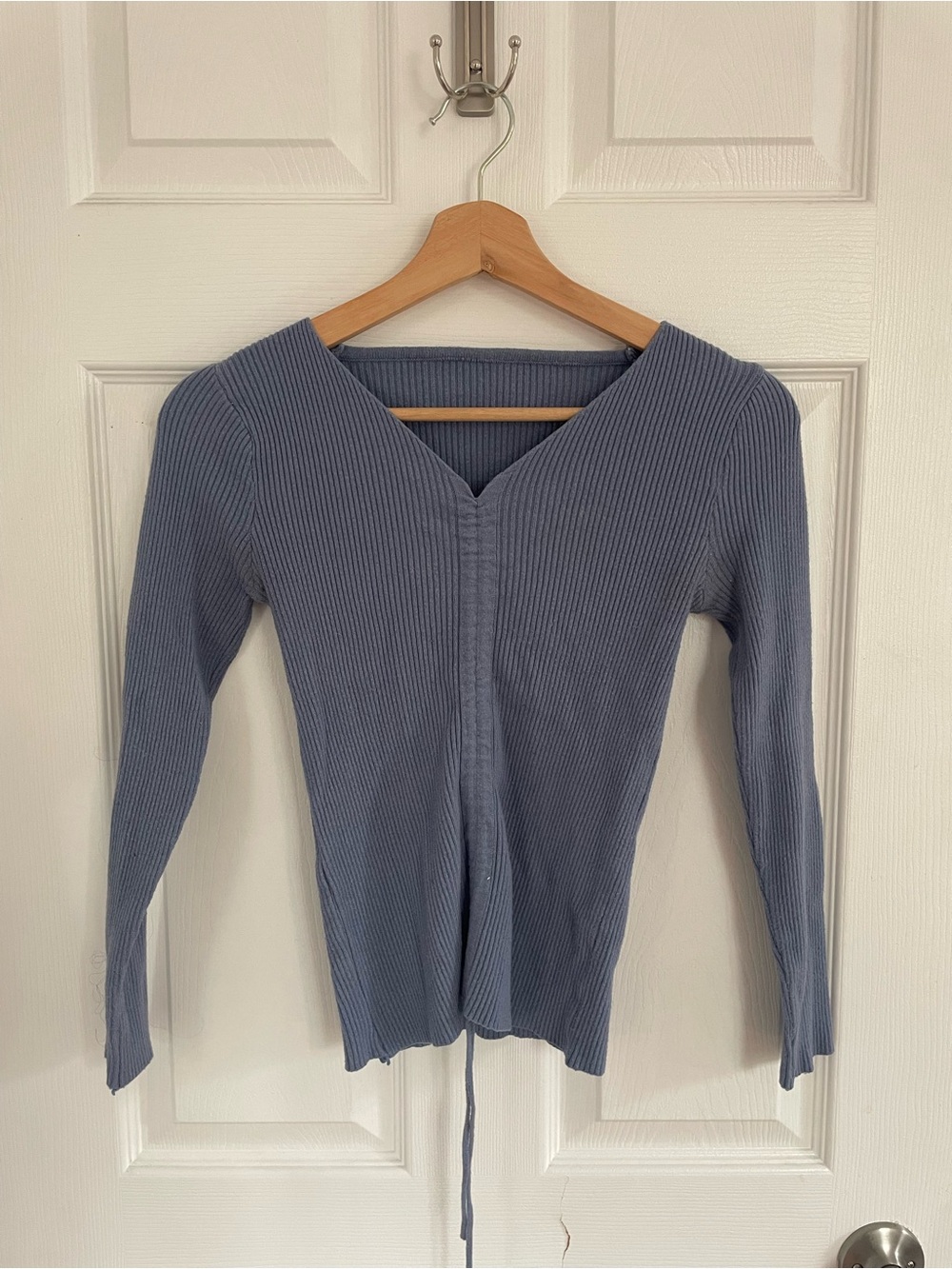 YesStyle Ribbed V-Neck Long Sleeve Sweater - Dusty Blue